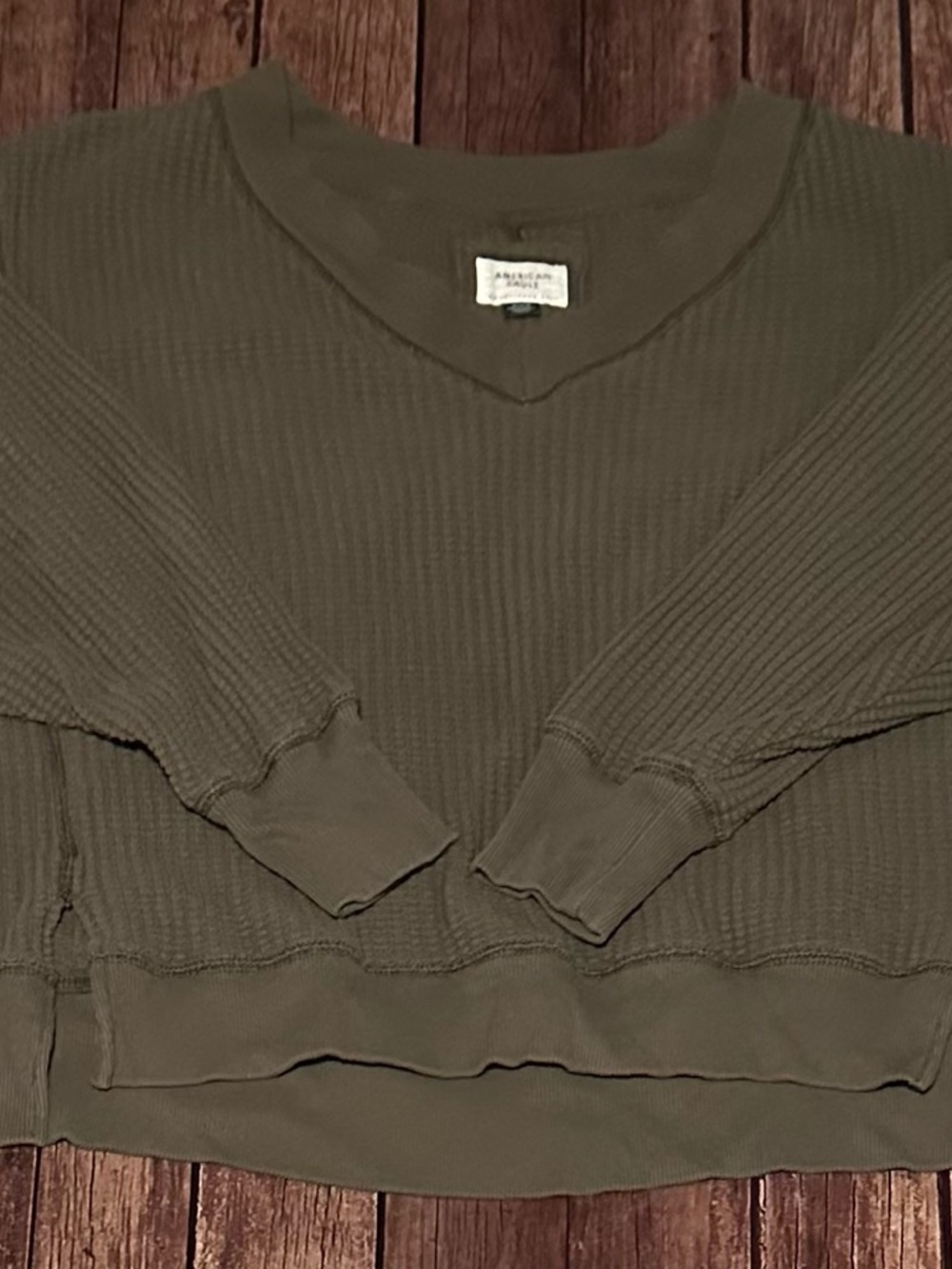 American Eagle Olive Waffle V-Neck Sweater